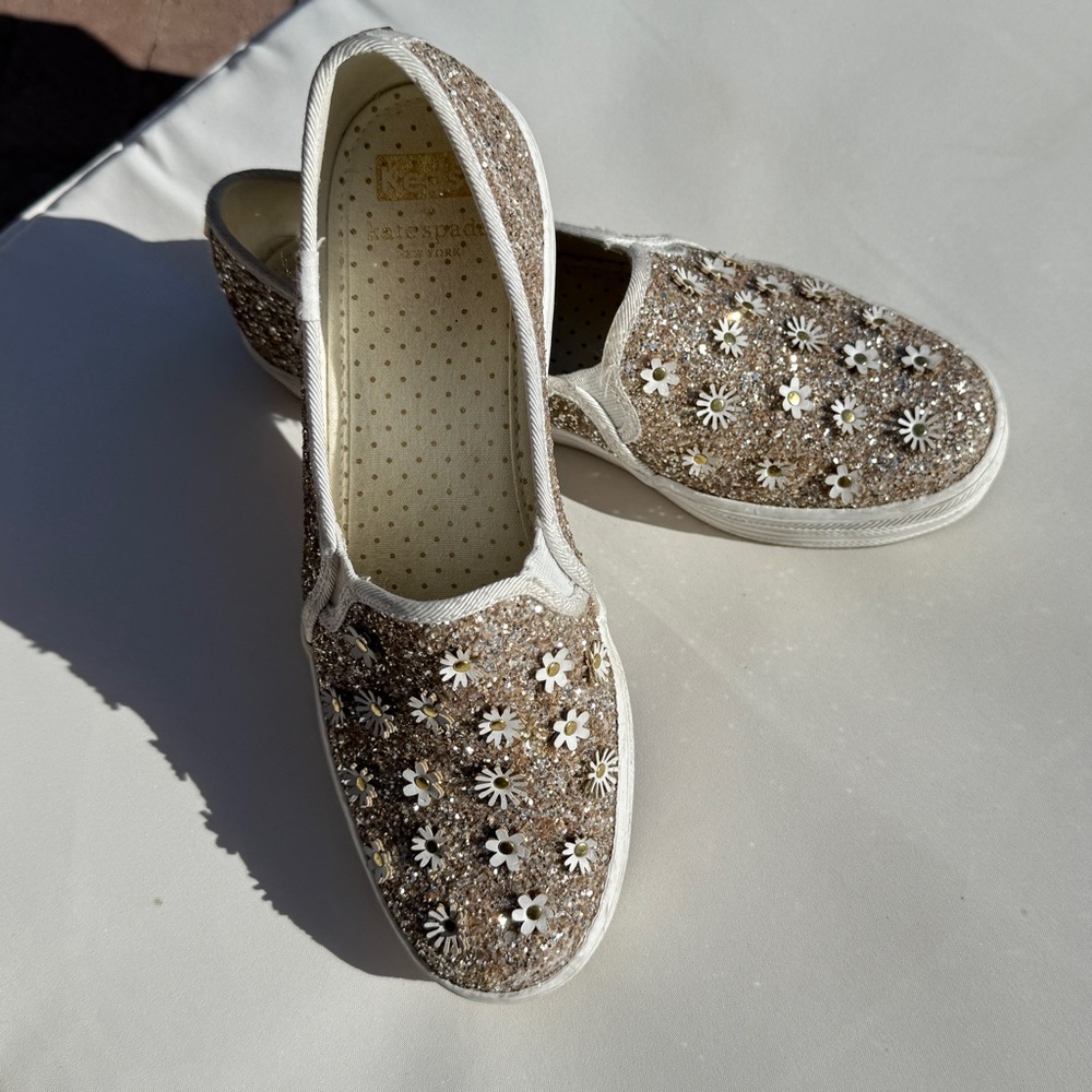 Kate Spade Gold Glitter Floral Sneakers